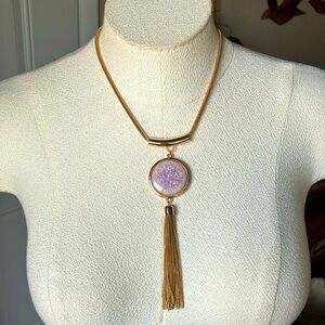 Pink Lavender Pendant Gold Tassel Necklace
